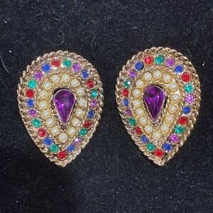 Vintage gold tone gemstone teardrop statement earrings